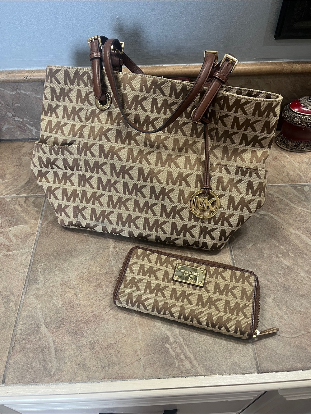 Michael Kors Brown and Beige MK Monogram Tote with Matching Wallet